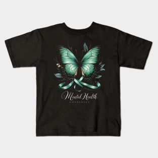 Womens Mental Health Awareness Butterflies Green Ribbon Girl Kids T-Shirt